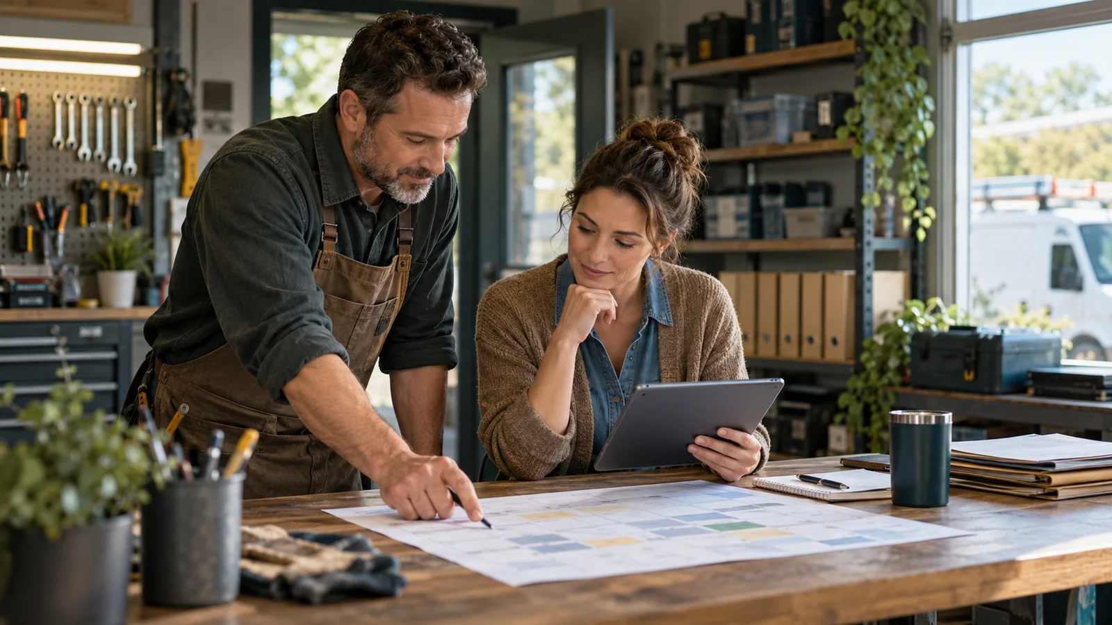 Illustrative scene of two service-business operators reviewing a paper planning grid together in a workshop.