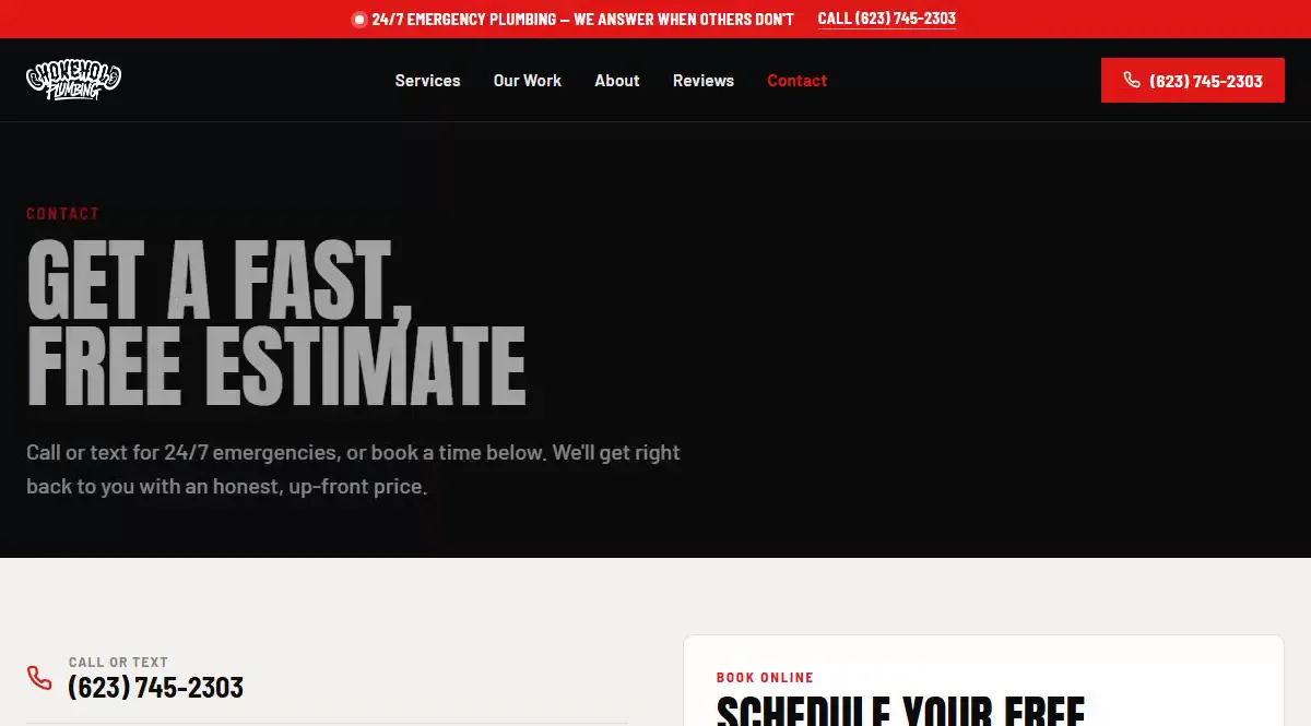 Chokehold Plumbing public estimate page with its phone number and estimate request action