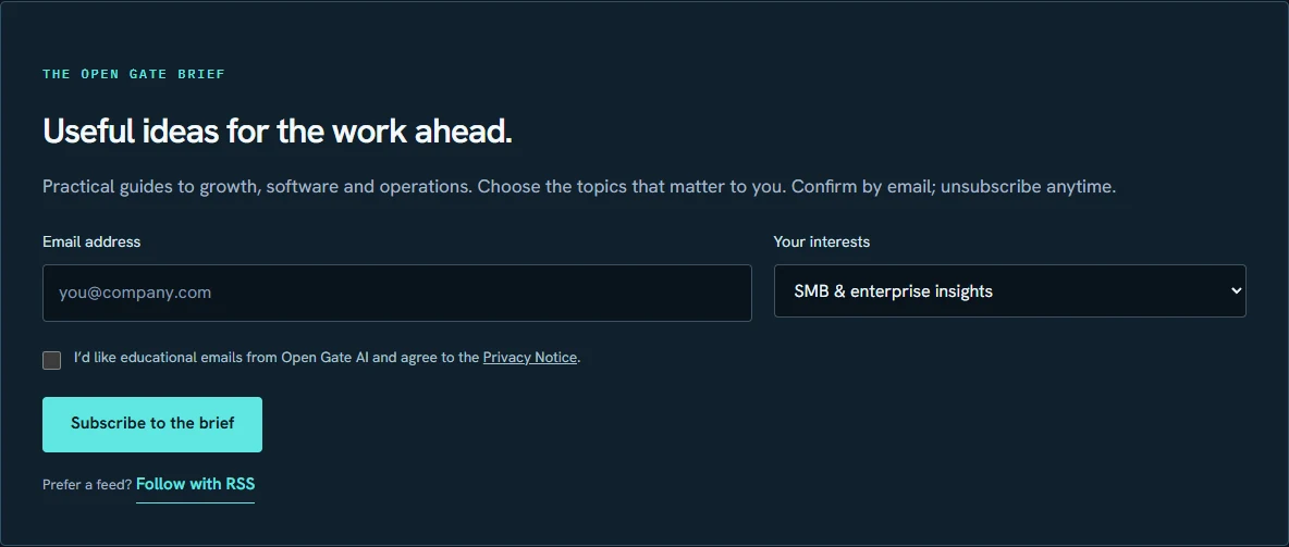 Actual Open Gate AI Brief signup with topic selection, explicit educational email consent and an RSS alternative, with no personal information entered