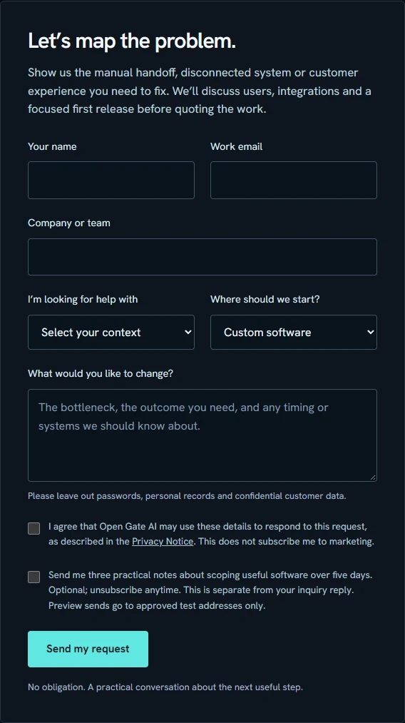 Actual Open Gate AI custom-software inquiry form with separate response consent and optional educational follow-up choices, all fields empty